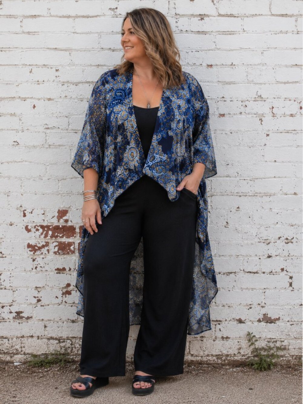 Artizan Robin Barré Blue Paisley Open Front Kimono High Low Cardigan O/S